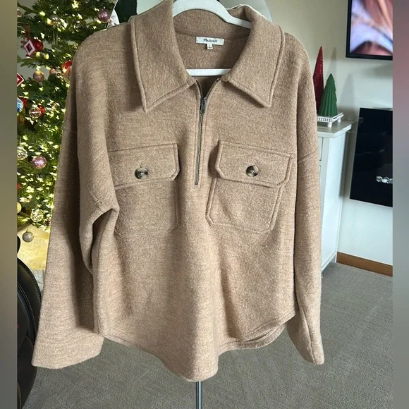 Madewell Heather Toffee Boiled Wool Half Zip Pullover Sweater. - Picture 2 of 3